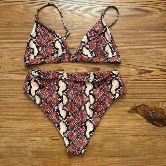 Shein brown cream snake skin high waisted 2 piece swimsuit SIZE L - Picture 1 of 5